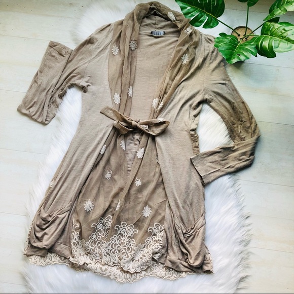 Saga Viscose Spandex Blend Open Front Hippie Boho Lace Cardigan with Pockets, M - Picture 2 of 15